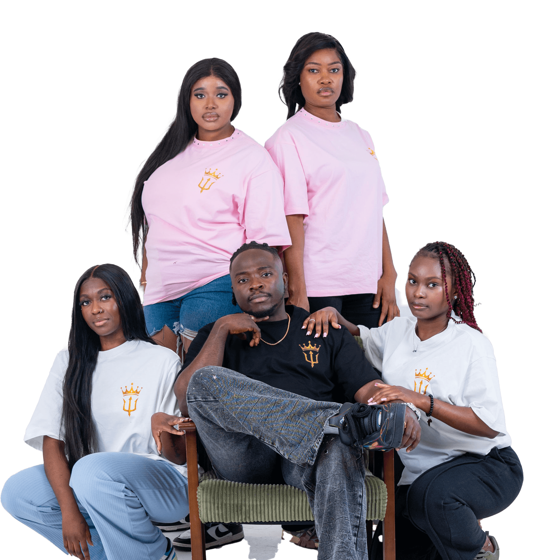 Five models seated and standing in the pink, ivory and black crest tees